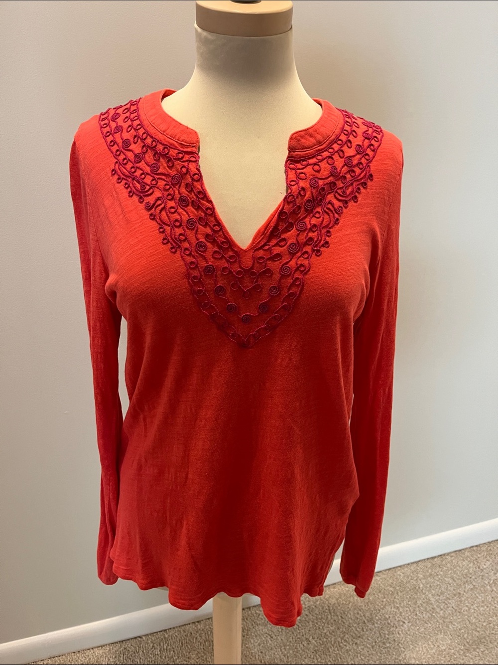 Lucky Brand Coral Red Long Sleeve V-Neck Embroidered Top